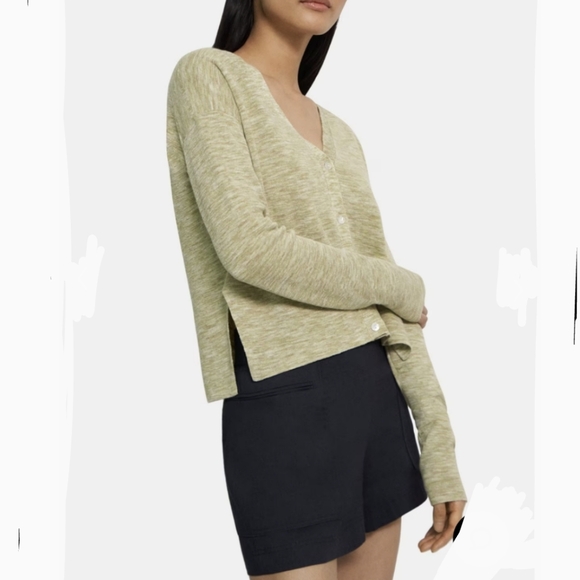 Theory Cardigan Hanalee Button Front Linen Blend Cropped Key Lime Multi L NWT - Picture 5 of 14